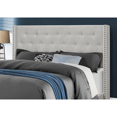 Elegant Wingback Headboard - Light Grey Velvet with Chrome Trim - Queen