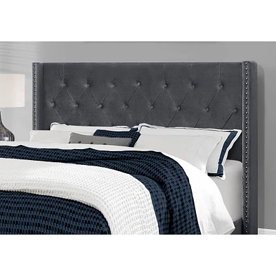 Elegant Wingback Headboard -  Dark Grey Velvet With Chrome Trim - Queen