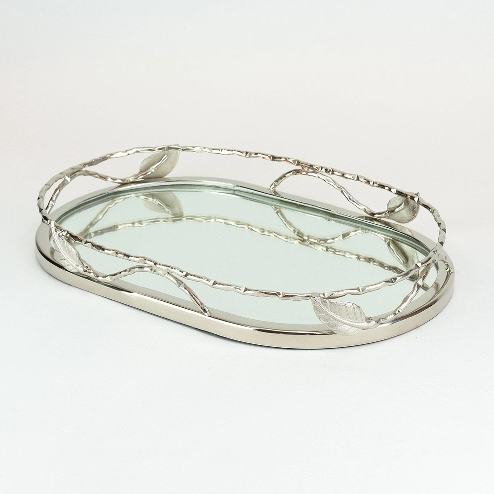 Medium Oval Mirror Tray with Leaf Border