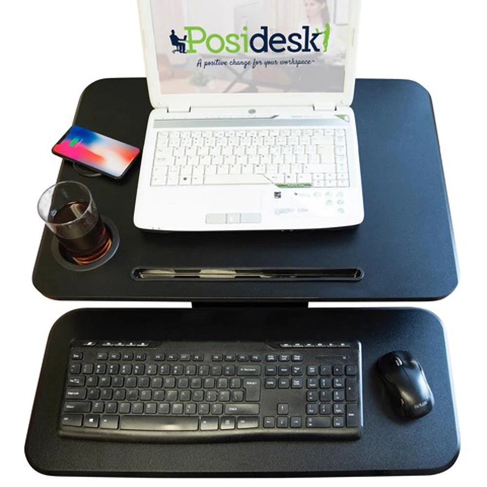 Sit-Stand Pedestal Desk with Cup/Accessory Holder & Wireless Charger