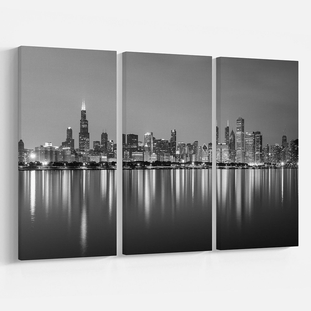 Chicago Skyline at Night Black and White Canvas Wall Art - 3 Panels