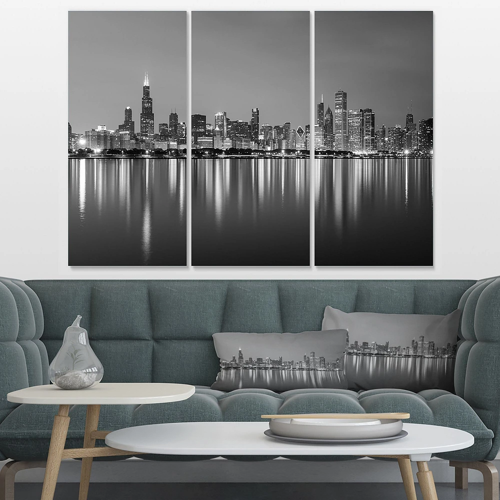 Chicago Skyline at Night Black and White Canvas Wall Art - 3 Panels