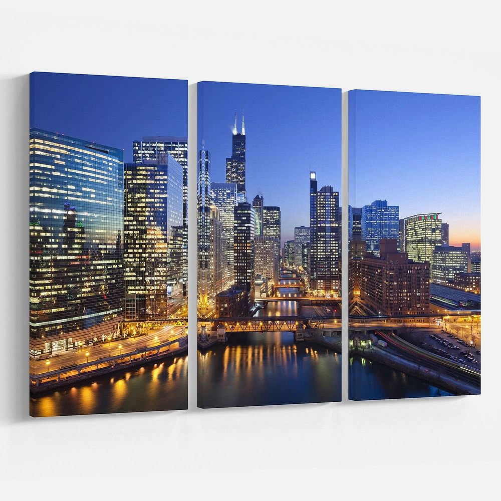 Chicago River with Bridges at Sunset Canvas Wall Art