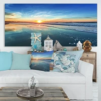 Blue Seashore with Distant Sunset  Canvas Wall Art