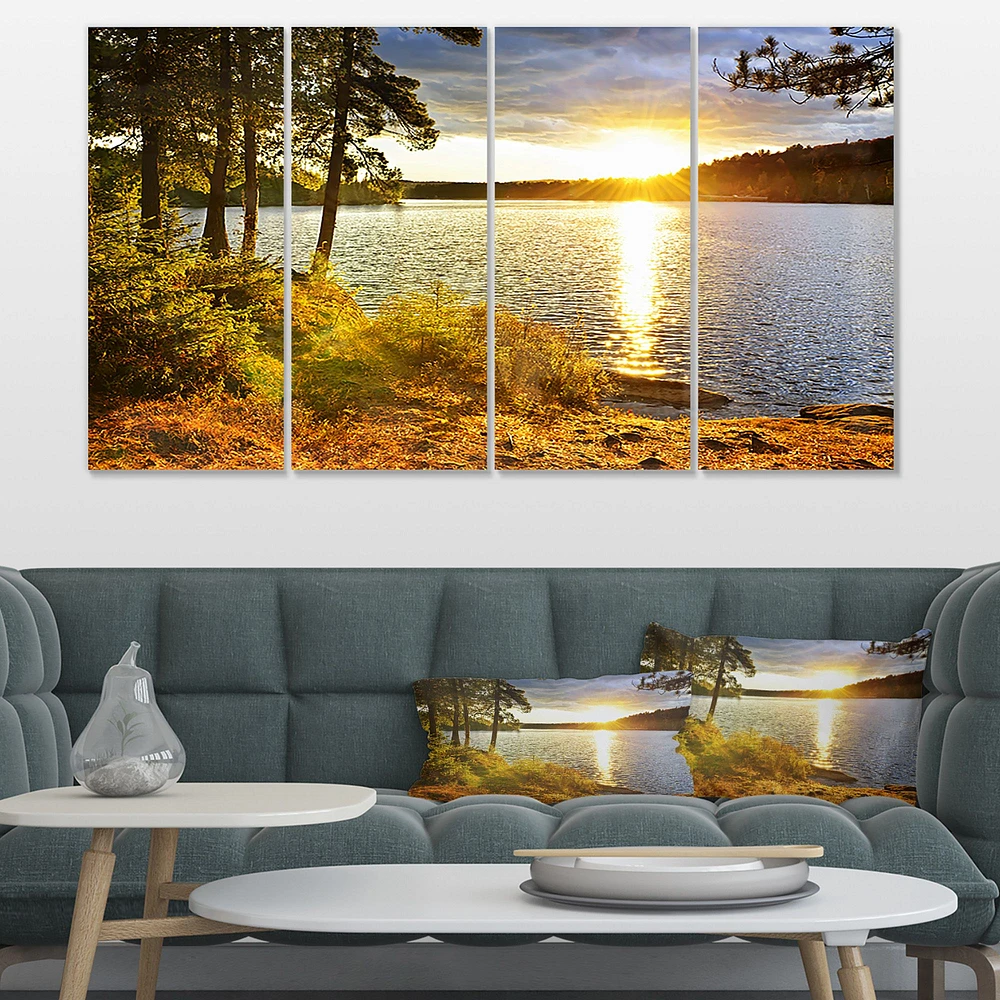 Beautiful View of Sunset over Lake Wall Artwork Print on Canvas - 4 Panels