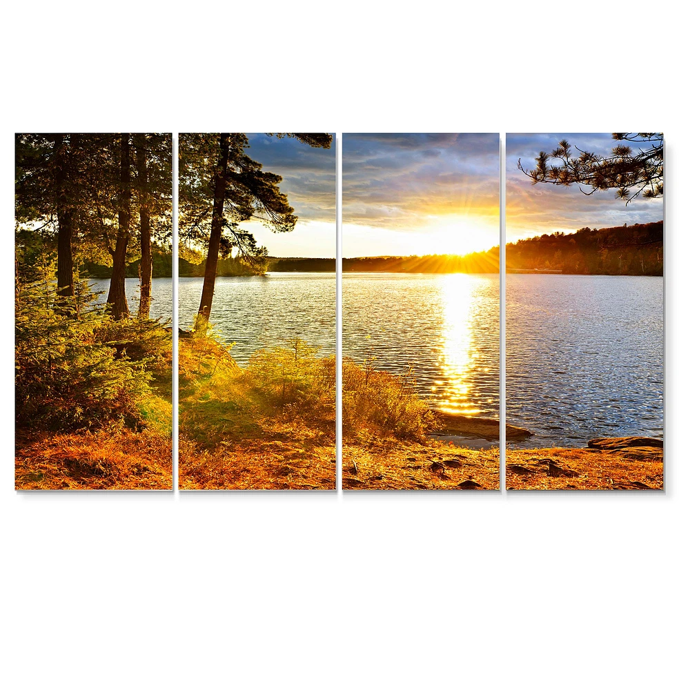 Beautiful View of Sunset over Lake Wall Artwork Print on Canvas - 4 Panels