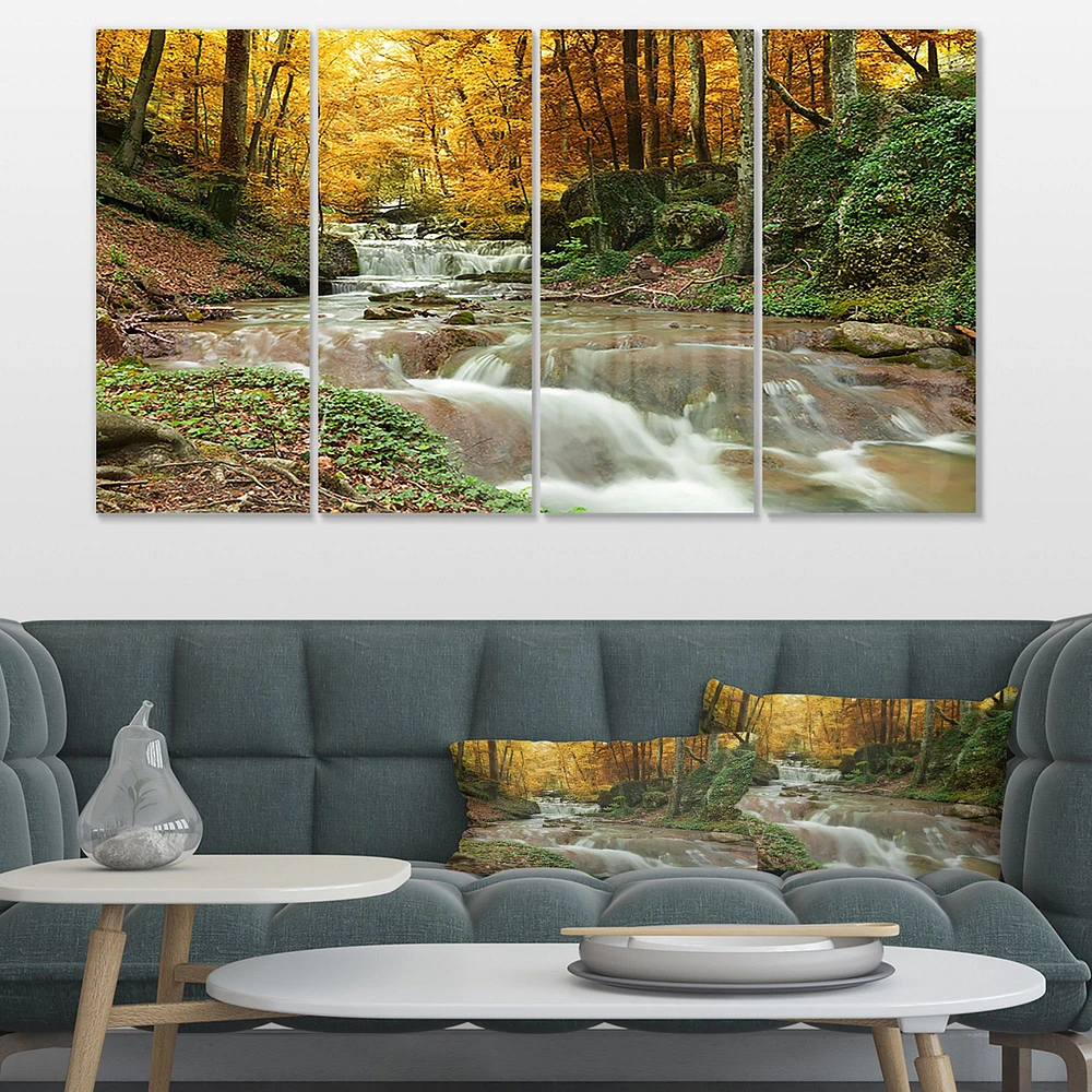 Forest Waterfall with Yellow Trees  Artwork Canvas Print