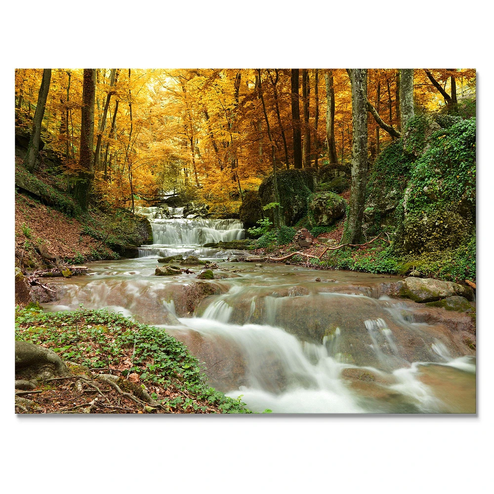 Forest Waterfall with Yellow Trees  Artwork Canvas Print