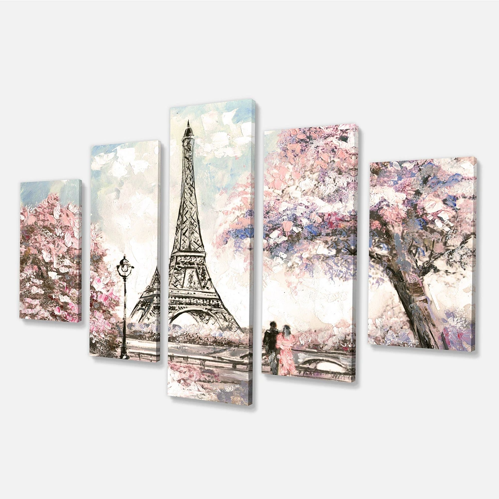 Eiffel with Pink Flowers  Wall Artwork Print on Canvas Panels