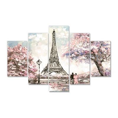 Eiffel with Pink Flowers  Wall Artwork Print on Canvas Panels