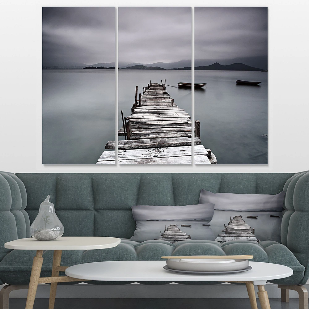 Pier and Boats at Seashore Canvas Wall Art