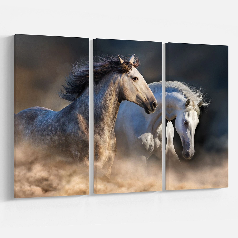 Horses run in dust Canvas Wall Art - 3 Panels