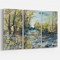 Rocky River in the Forest Canvas Wall Art - 3 Panels