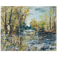 Rocky River in the Forest Canvas Wall Art - 3 Panels