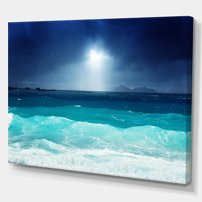 Neon Sea Waves under Dark Sky  Canvas Wall Art