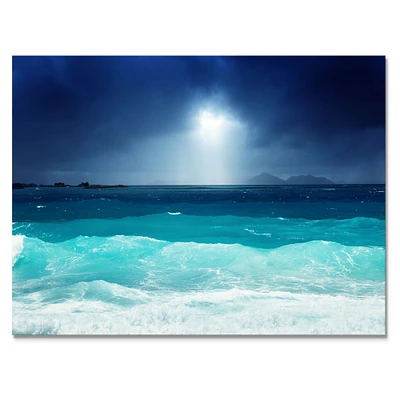 Neon Sea Waves under Dark Sky  Canvas Wall Art