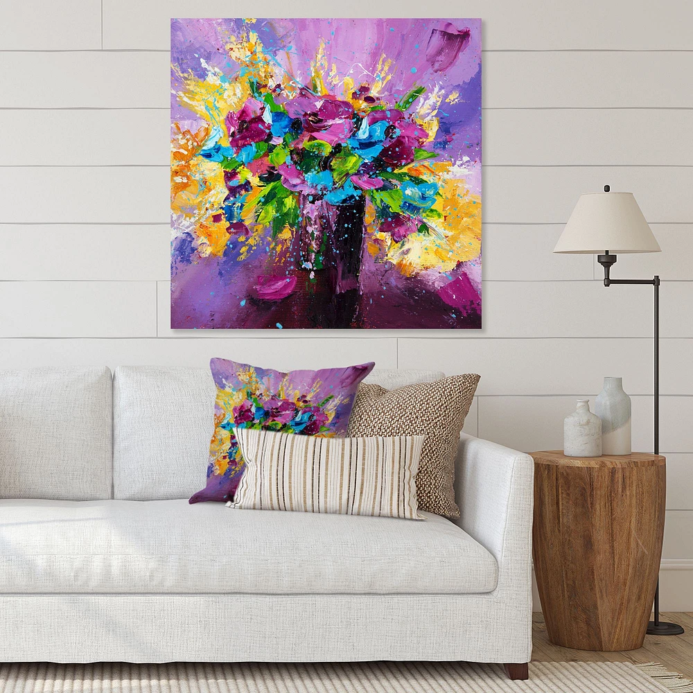 Bright Bouquet of Spring Flowers on Purple Background  Canvas Wall Art Print