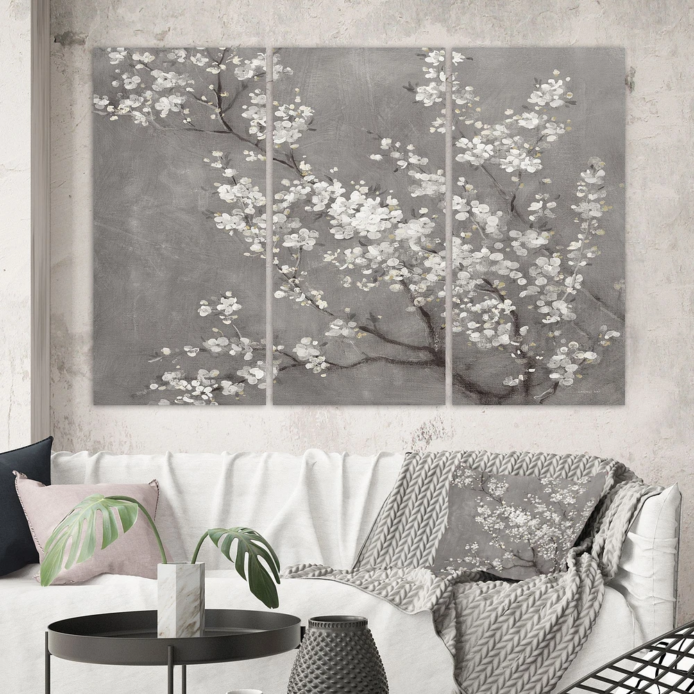 White Cherry Blossoms II Canvas Wall Art Print - 3 Panels