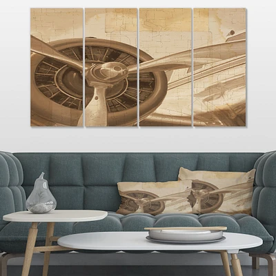 Retro Airplanes Sepia Canvas Wall Art - 4 Panels