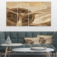Retro Airplanes Sepia Canvas Wall Art - 4 Panels