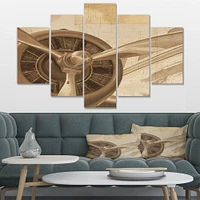 Retro Airplanes Sepia Canvas Wall Art - 4 Panels