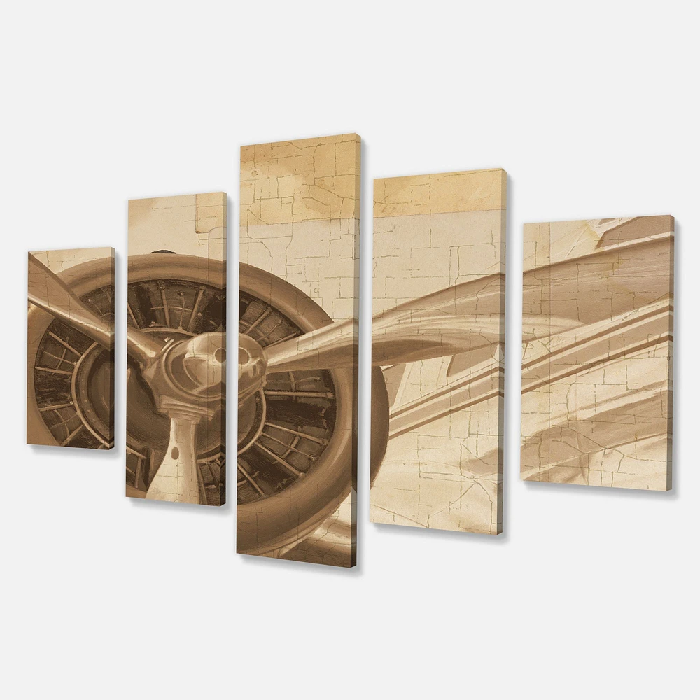 Retro Airplanes Sepia Canvas Wall Art - 4 Panels