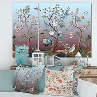 Chinoiserie with Birds and Peonies XI Canvas Wall Art - 3 Panels