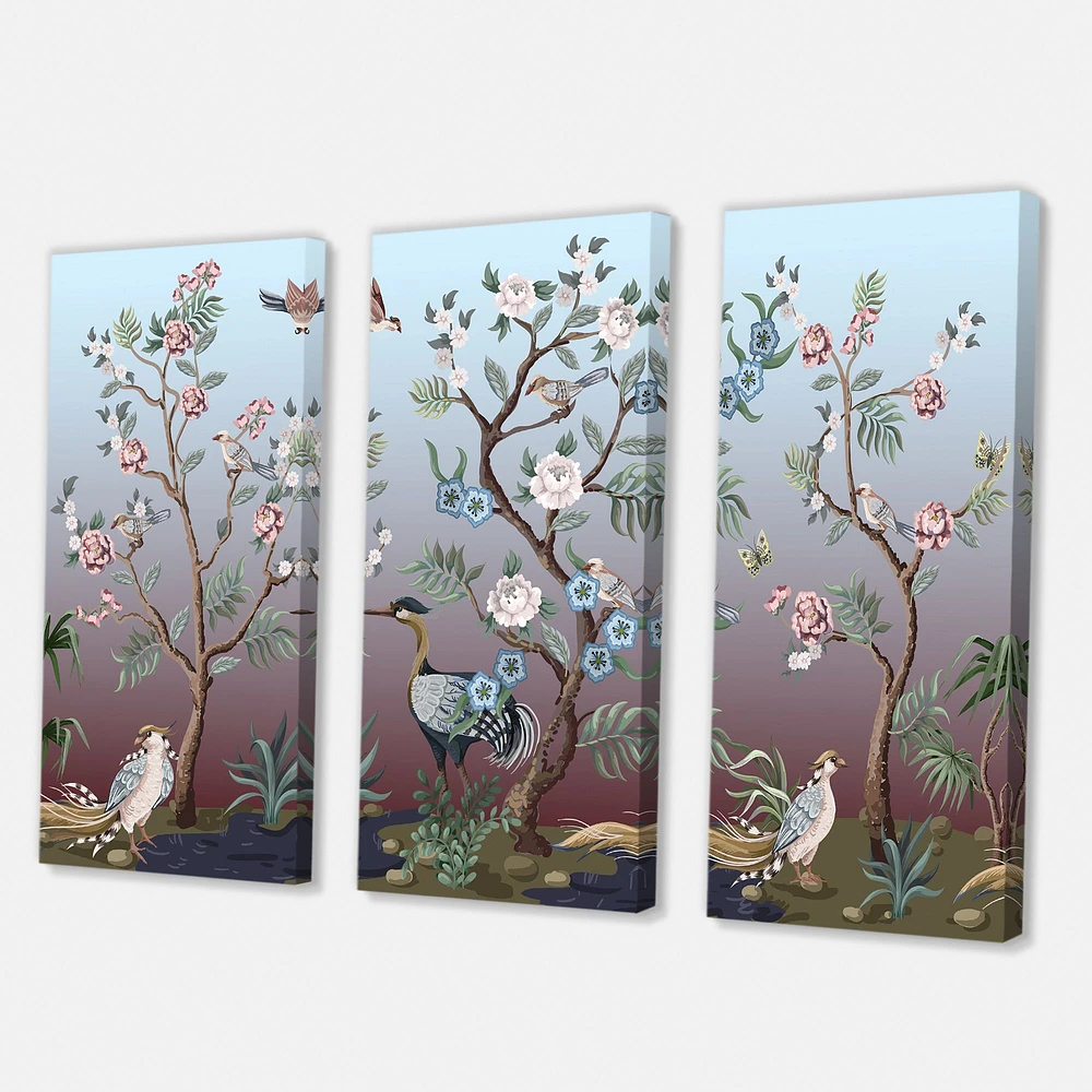 Chinoiserie with Birds and Peonies XI Canvas Wall Art - 3 Panels