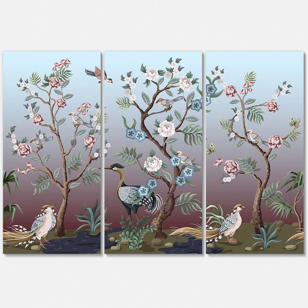 Chinoiserie with Birds and Peonies XI Canvas Wall Art - 3 Panels