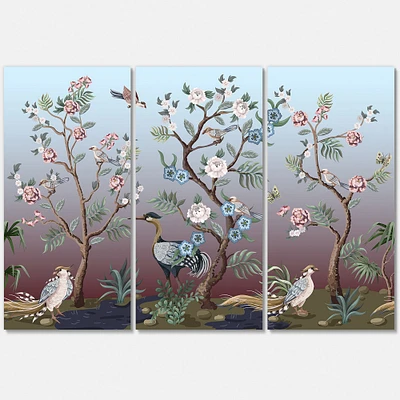 Chinoiserie with Birds and Peonies XI Canvas Wall Art - 3 Panels