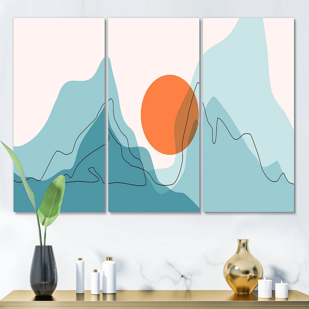 Red Moon Over Abstract Blue Mountains I Canvas Wall Art - 3 Panels