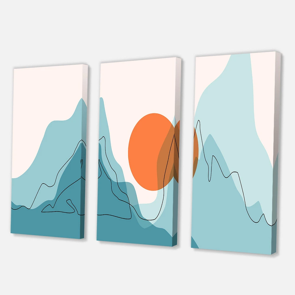 Red Moon Over Abstract Blue Mountains I Canvas Wall Art - 3 Panels