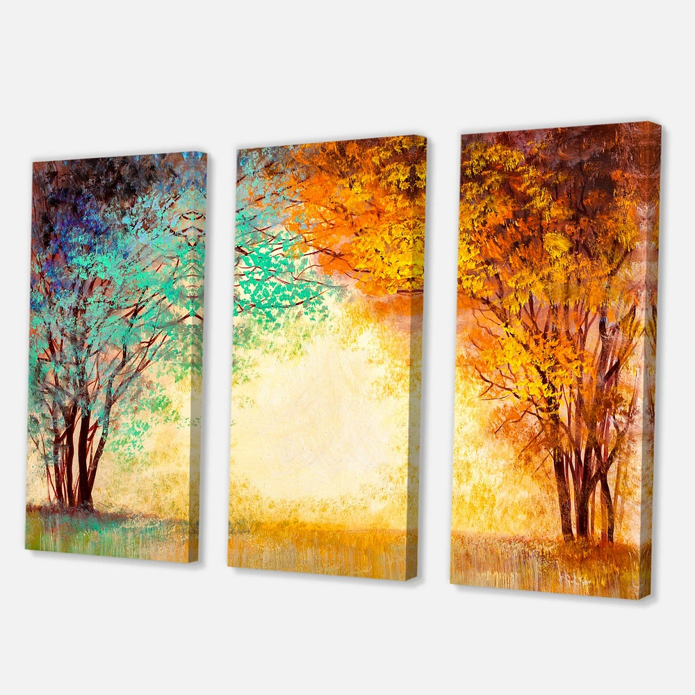 Alley Through The Park in Autumn Sunset Canvas Wall Art - 3 Panels