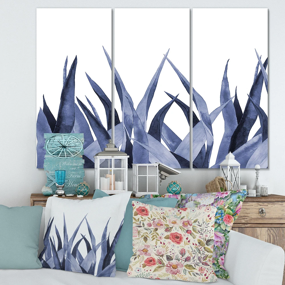 Navy Blue Agave Leaves Canvas Wall Art Panels