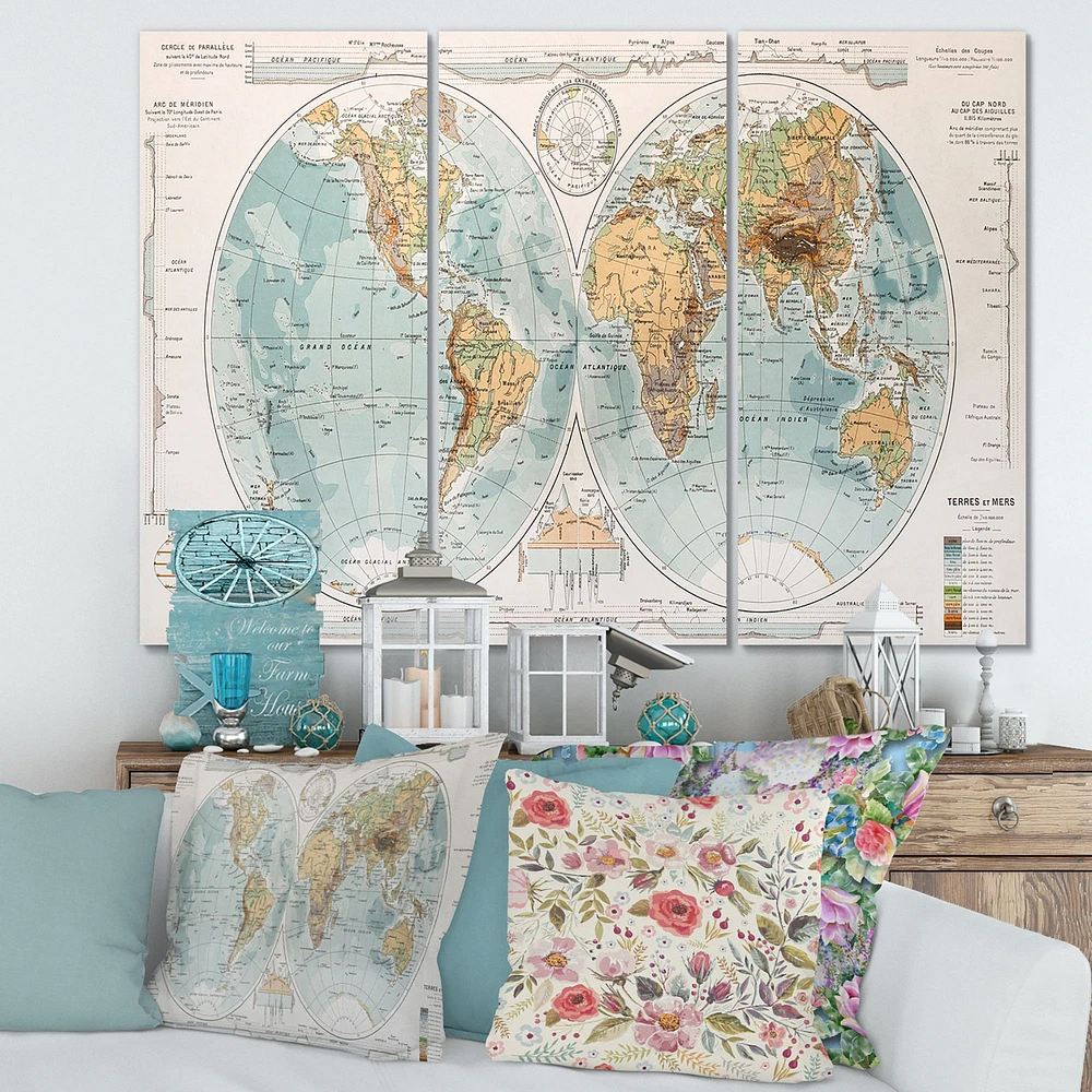 Ancient Map of The World II Canvas Wall Art - 3 Panels