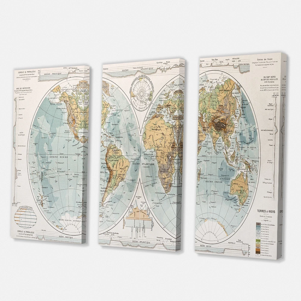 Ancient Map of The World II Canvas Wall Art - 3 Panels