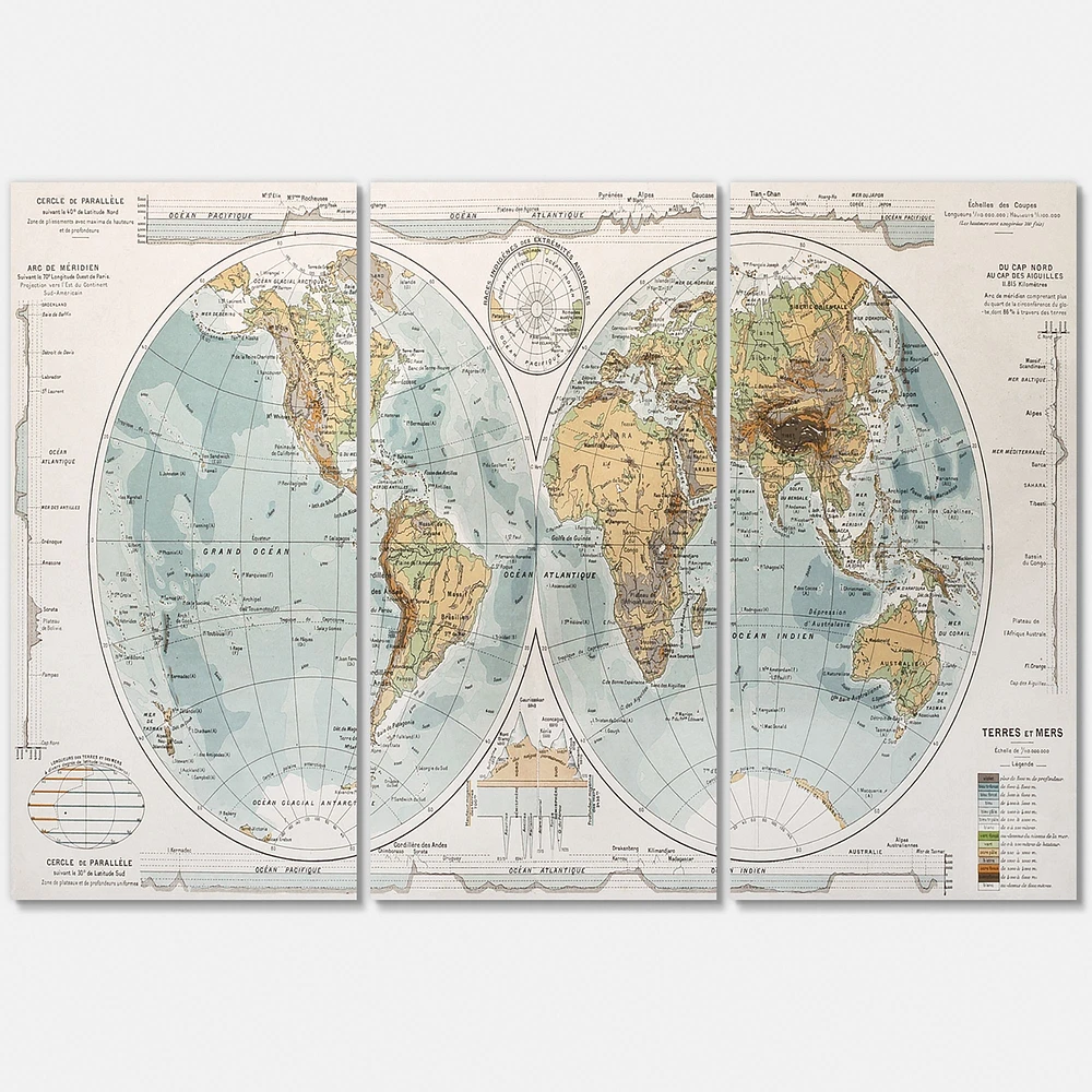 Ancient Map of The World II Canvas Wall Art - 3 Panels