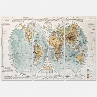 Ancient Map of The World II Canvas Wall Art - 3 Panels