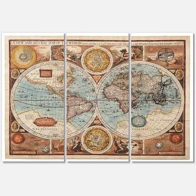 Ancient Map of The World VIII Canvas Wall Art - 3 Panels