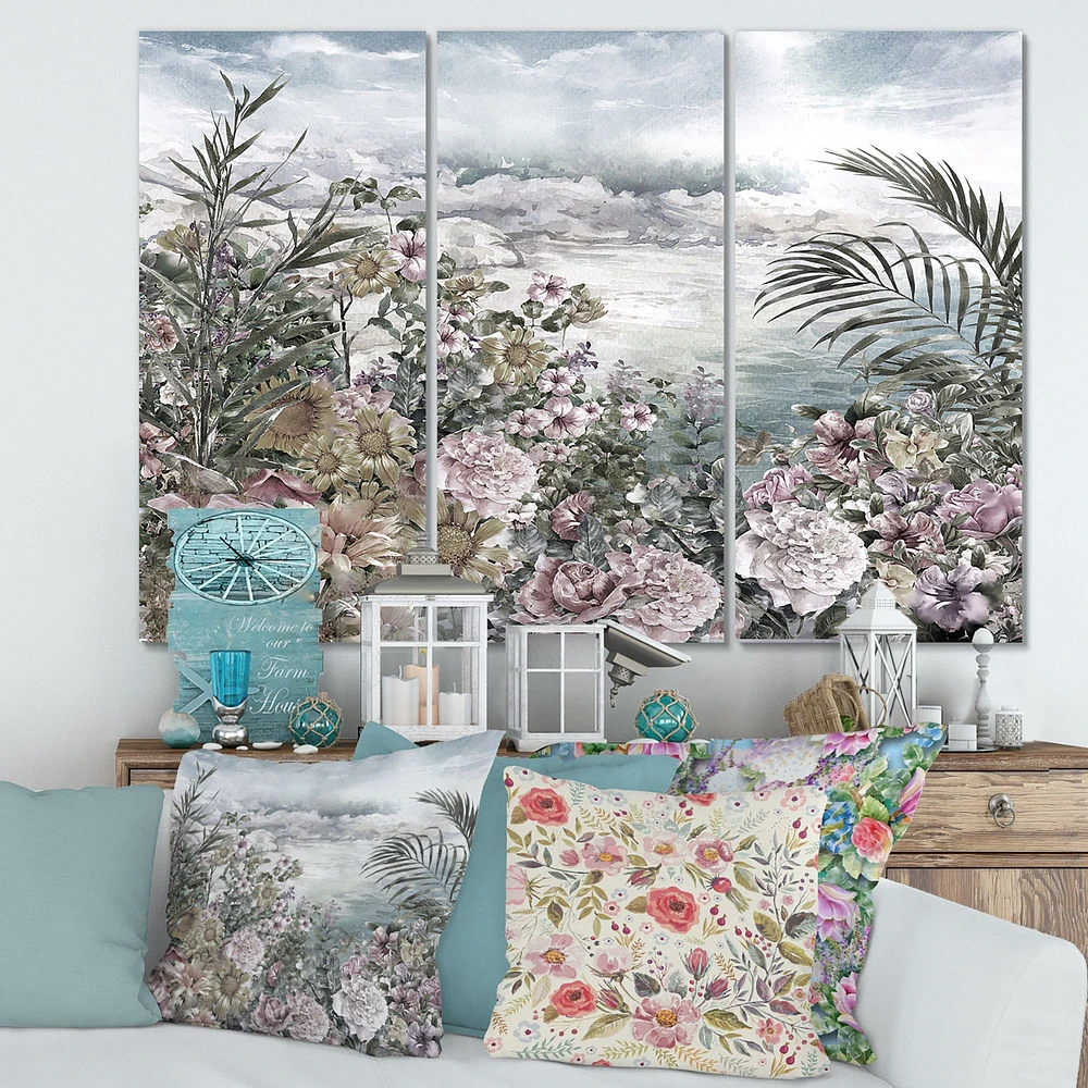 Retro Flowers by The Sea Side Canvas Wall Art - 3 Panels