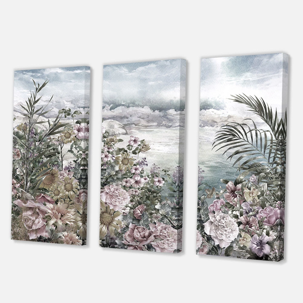 Retro Flowers by The Sea Side Canvas Wall Art - 3 Panels