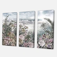 Retro Flowers by The Sea Side Canvas Wall Art - 3 Panels