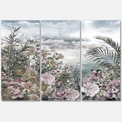 Retro Flowers by The Sea Side Canvas Wall Art - 3 Panels