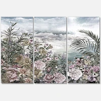 Retro Flowers by The Sea Side Canvas Wall Art - 3 Panels