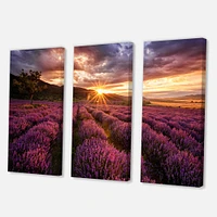 Sunrise & Dramatic Clouds Over Lavender Field IV Canvas Wall Art - 3 Panels