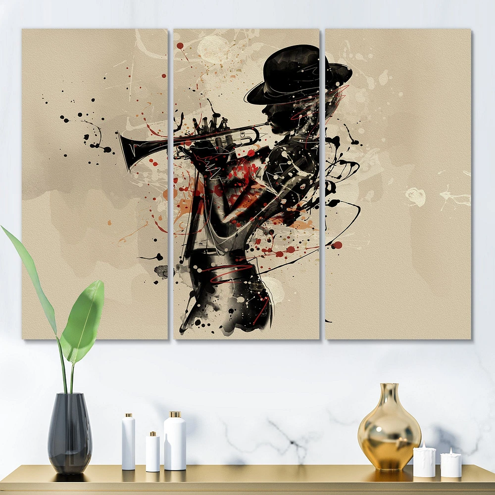 Woman Playing Jazz Trumpet Canvas Wall Art - 3 Panels