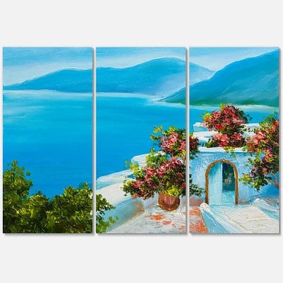 House Near The Sea Colorful Flowers I Canvas Wall Art - 3 Panels