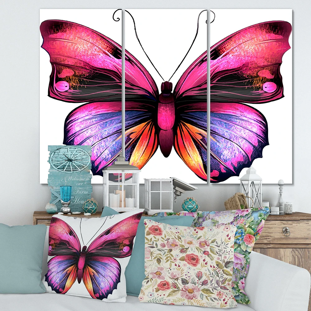 Bright Pink Butterfly Portrait Canvas Wall Art - 3 Panels