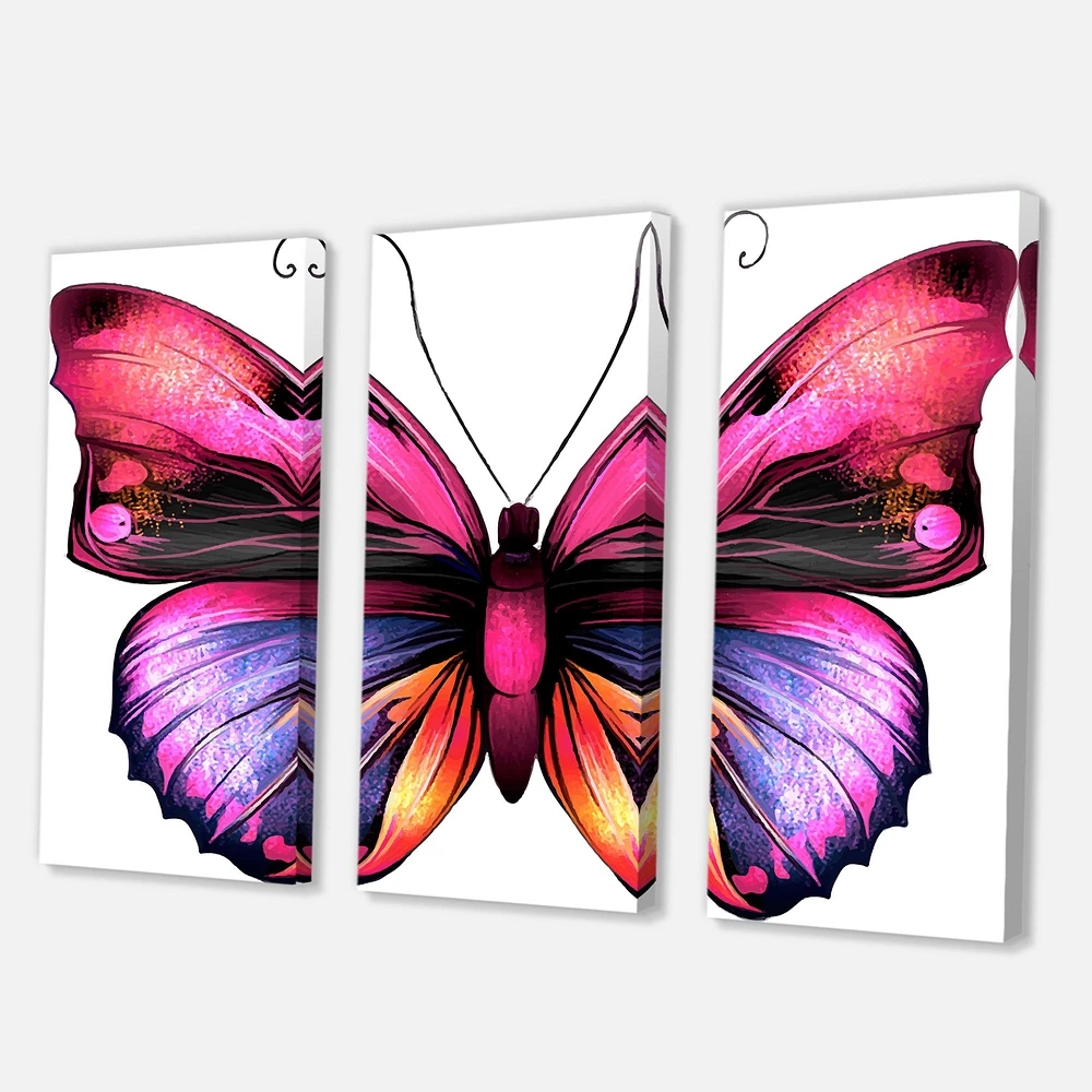 Bright Pink Butterfly Portrait Canvas Wall Art - 3 Panels