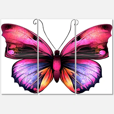 Bright Pink Butterfly Portrait Canvas Wall Art - 3 Panels